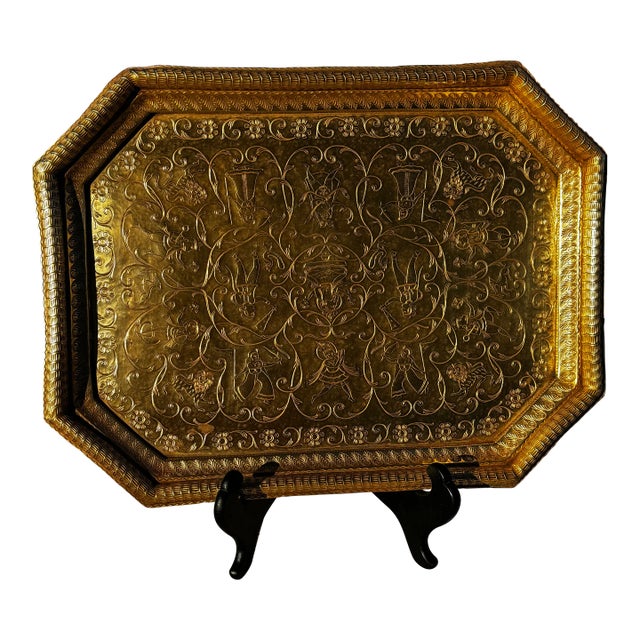 Vintage Solid Brass Elongated Octagonal Serving Tray With Etched Ethnic Folk Art Accents For Sale