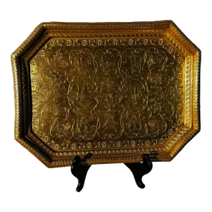 Vintage South India Elongated Octagonal 19.5” Brass Serving Tray With Etched Ethnic, Folklore, Mythological Accents