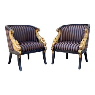 French Empire Gilt Swan Carved Club Chairs - a Pair For Sale