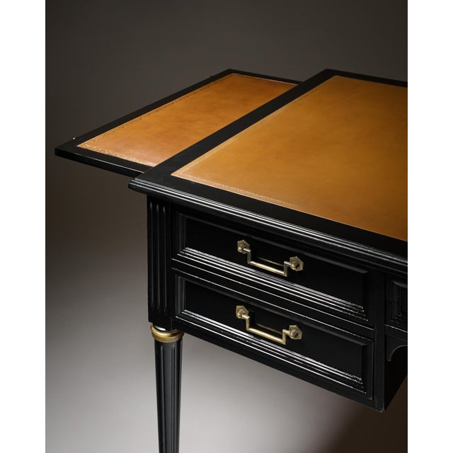 Classic, French Louis XVI Writing Desk, Ebonized Mahogany, Leather For Sale - Image 4 of 9