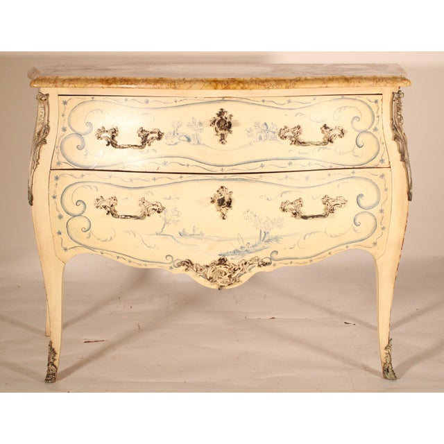 Louis XV style painted bombe chest of drawers with marble top, circa 1930's. The marble top with a serpentine shaped front...