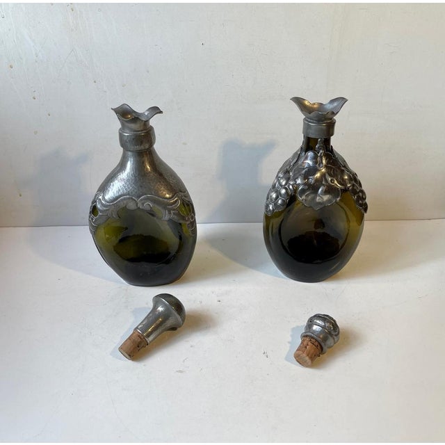 Danish Decanters in Green Glass and Pewter, 1910s, Set of 2 For Sale - Image 13 of 14