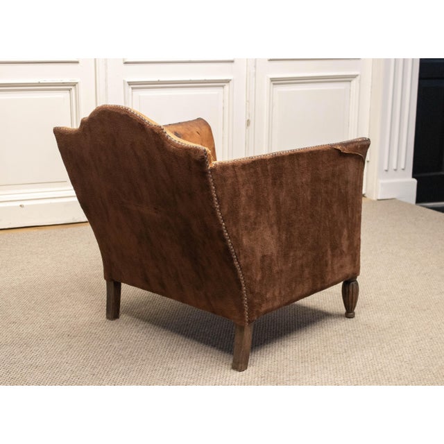Brown French Sheep Leather and Velvet Lounge Chair in the style of Louis Chambry, 1920s For Sale - Image 8 of 12