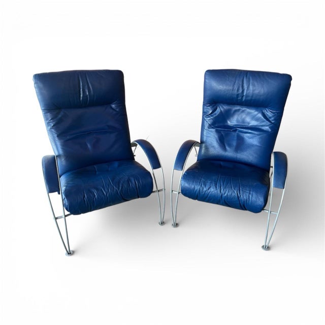 Pair of Vintage Lafer Billie Blue Leather Lounge Chairs, Brazil For Sale - Image 9 of 11