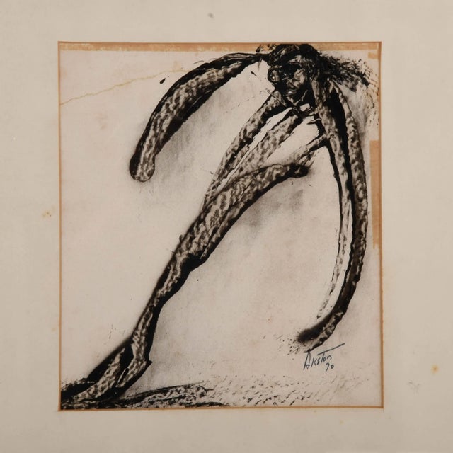 This Framed Signed J. Akston "Recoil, 1970" Acrylic on Paper is a compelling study in motion and restraint, captured in...