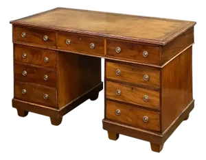English Double Pedestal Desk of Mahogany With Embossed Leather Top