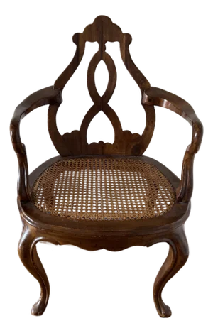 Mid 20th Century Italian Venetian Regency Carved Wood and Cane Armchair