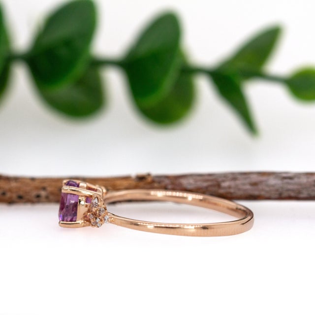 2020s Purple Sapphire W Earth Mined Diamonds Ring in 14k Solid Rose Gold | Ov 6x4mm For Sale - Image 5 of 7