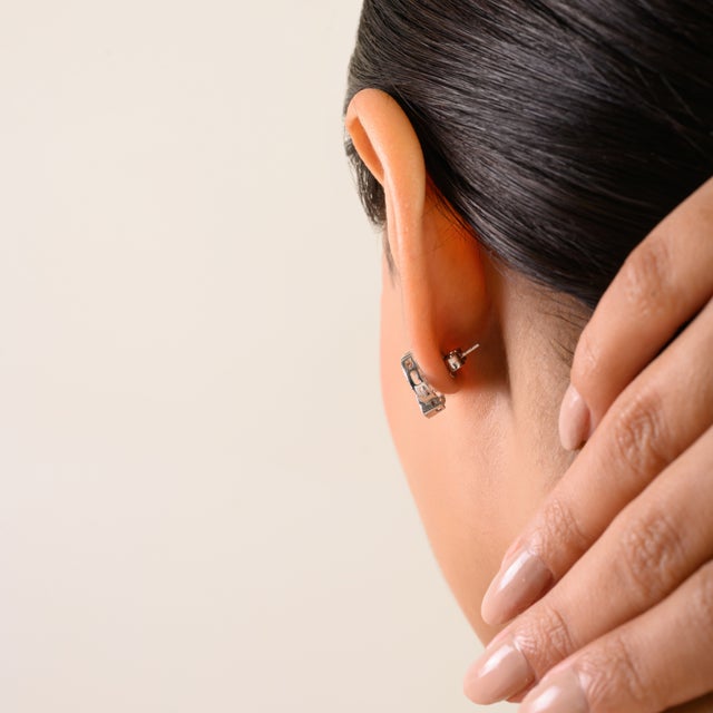 Art Deco Inspired Sterling Silver Diamond & Sapphire Blue Push Back Earrings- A Pair For Sale - Image 6 of 10