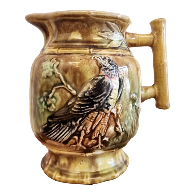 19th Century Majolica Jug With Birds and Bamboo Handle For Sale