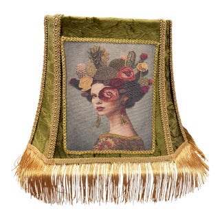 Custom Olive Velvet Lampshade With Portrait Panel and Gold Fringe For Sale