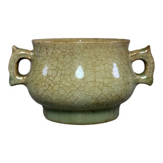 Vintage‑Style Chinese Longquan Celadon Crackled Censer With Double Handles For Sale