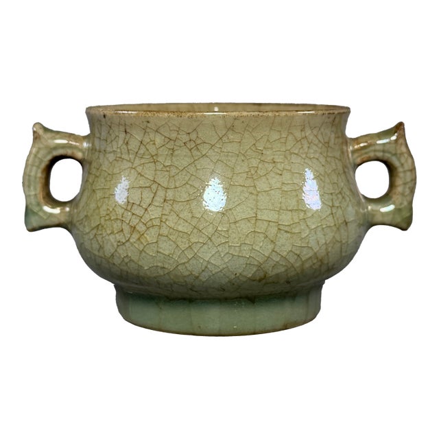 Vintage‑Style Chinese Longquan Celadon Crackled Censer With Double Handles For Sale