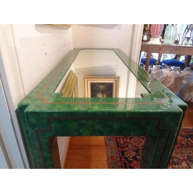 Mid-Century Karl Springer Inspired Green Lacquer and Brass Console Table For Sale - Image 9 of 13