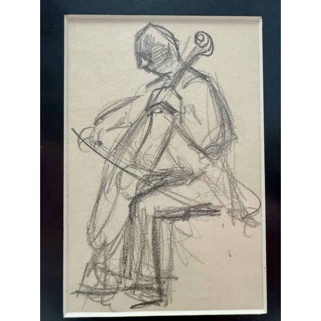Small framed pencil drawing attributed to William Oberman from the artist’s estate, depicting a seated cellist in loose...