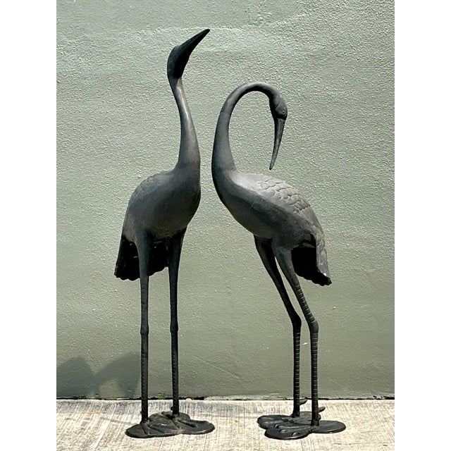 Late 20th Century Vintage Cast Aluminum Standing Cranes - Set of 2 For Sale - Image 5 of 12