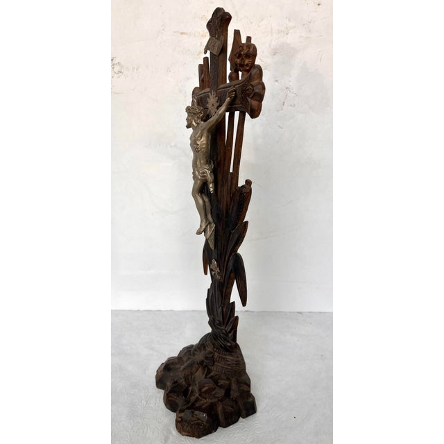 Antique French Handcrafted Wood Crucifix With Pewter Finish Figurine For Sale In Dallas - Image 6 of 14