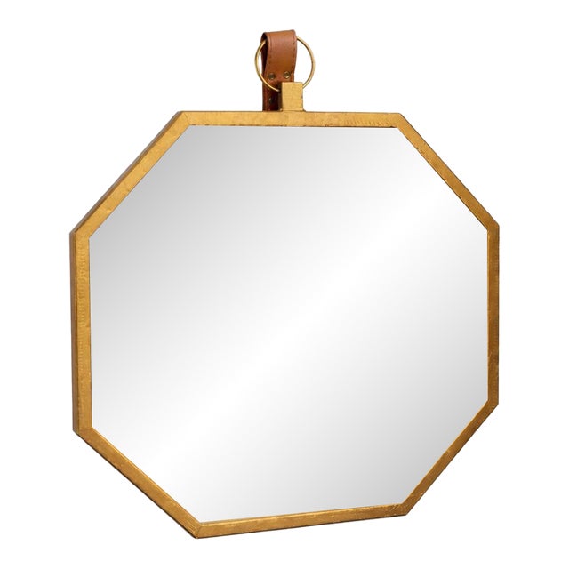Octagonal Brass Wall Mirror With Leather Strap For Sale