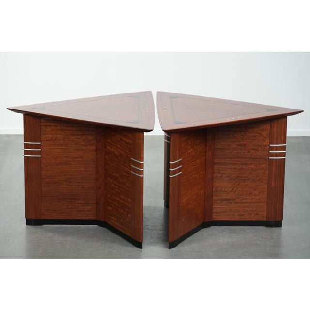 This luxury set of 2 very beautiful triangular Art Deco design side/coffee tables is by the top Dutch brand Schuitema and...