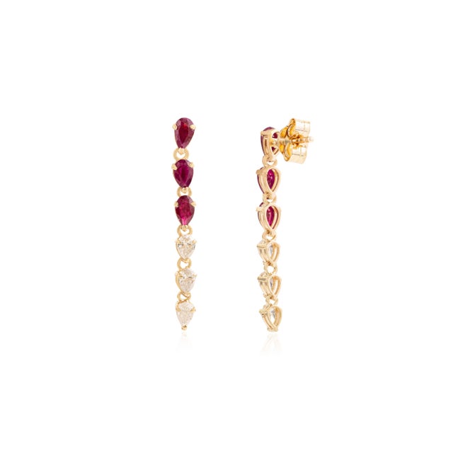 Metal Late 20th Century 1.32 Ct Pear Shape Red Ruby & Diamond Drop Earrings in 14k Gold- A Pair For Sale - Image 7 of 14