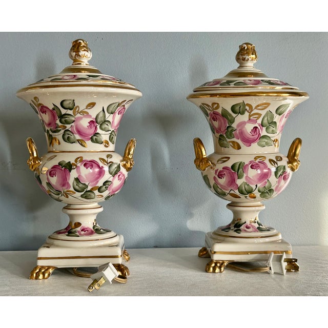 Rose Vtg. Pair of Italian Charleston Line Porcelain Lidded Lamp W/Roses For Sale - Image 8 of 13