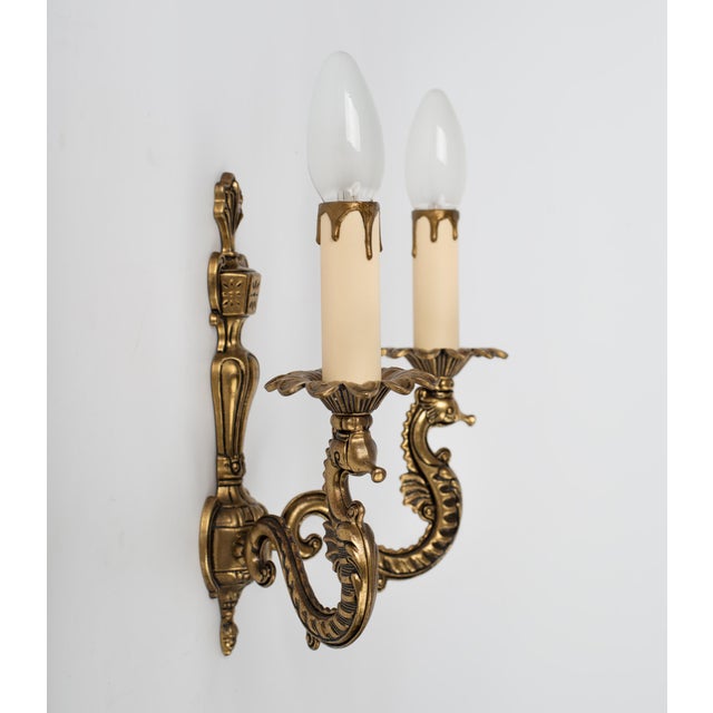 1960s Spanish French Neoclassical Cast Brass 2-Light Sea Horse Wall Sconces - A Pair For Sale - Image 6 of 9