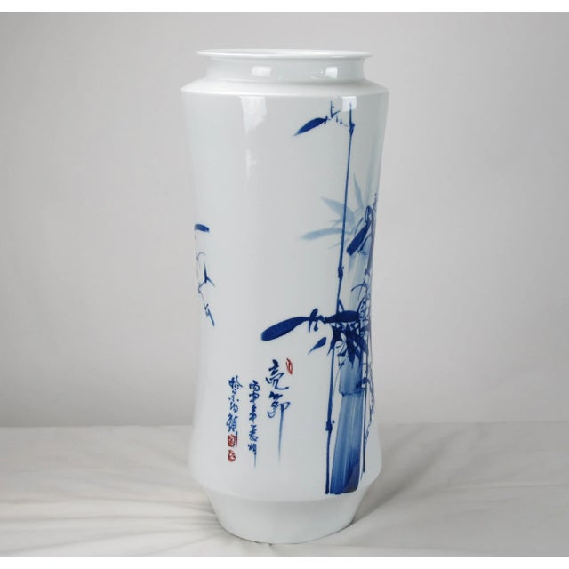 Chinoiserie Blue and White Porcelain Bamboo Vase For Sale - Image 4 of 7
