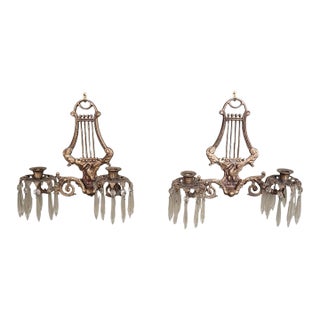 A Pair 1930s Brass & Crystal Swan Candle Wall Sconces For Sale