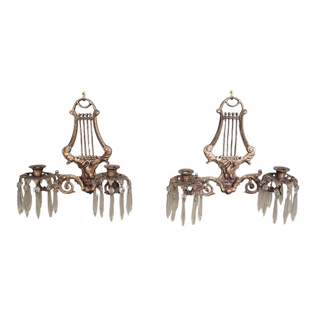 A Pair 1930s Brass & Crystal Swan Candle Wall Sconces For Sale