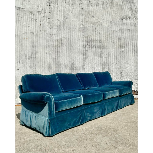 Vintage Regency Cerulean Velvet Down Long Sofa After Ferrell For Sale In West Palm - Image 6 of 12