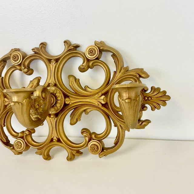 Mid 20th Century 1960s Mid-Century Baroque Hollywood Regency Syroco Candle Holder Sconce, 3 Tapers For Sale - Image 5 of 12