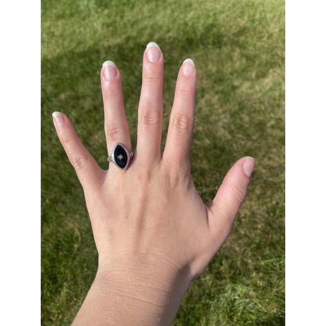 Vintage 14k White Gold Black Onyx & Diamond Navette Filigree Ring, Ring Size 6 For Sale In Greensboro - Image 6 of 6