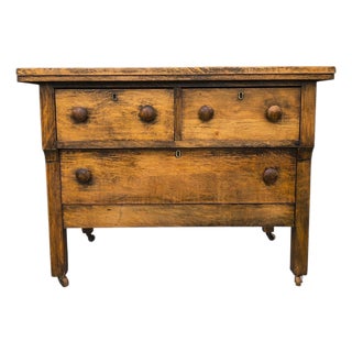 Antique St. Louis Holtgrewe-Vornbrock 3-Drawer Wood Chest With Original Label & Original Wood Wheel Casters For Sale