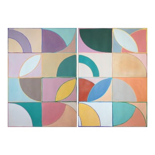 2026, Modernit Bauhaus Painting Diptych in Vivid Tones, Color-Field Windows Patterns, Acrylic Paint on Watercolor Paper by Natalia Roman For Sale
