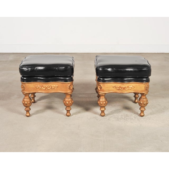 Mid 20th Century Pair of Empire Aesthetic Leather Giltwood Ottoman Footstools For Sale - Image 5 of 18