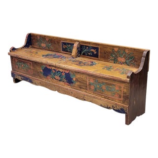 Antique Eastern European Hand Painted Pine Long Storage Bench For Sale