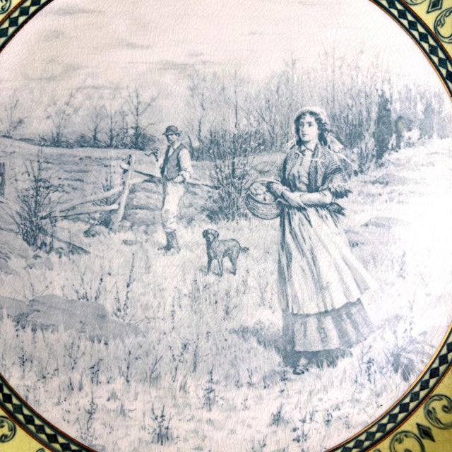 Oversized Victorian transferware decorative wall plate, charger-sized. Romantic pastoral scene in blue in the center....