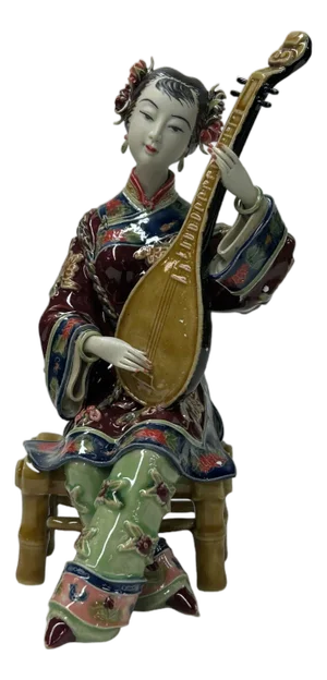 Chinese Porcelain Qing Style Dressing Holding Pipa Lady Figure