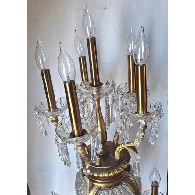 1950s Monumental Hollywood Regency 43" French Style 17-Light Crystal Girandole Wall Sconces Gilt Brass a - Pair For Sale - Image 5 of 18