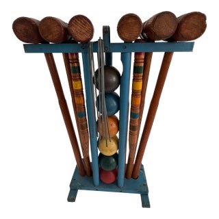 Vintage Six-Player Wooden Croquet Set With Original Painted Storage Stand, 1960s For Sale