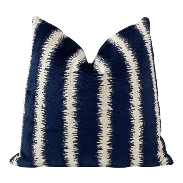 Navy & Cream Striped Velvet Throw Pillow Cover For Sale