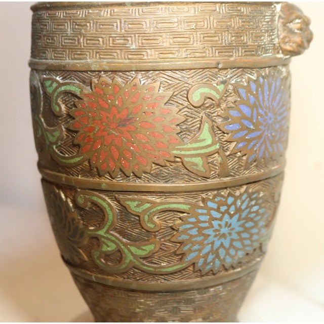Antique Handmade Ornate Japanese Champleve Enamel Bronze Marble Table Lamp For Sale - Image 10 of 12