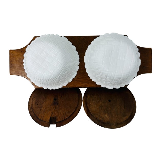 Jeannette Glass Mid-Century Modern Basketweave Milk Glass & Hardwood Condiment Caddy - 5 Pieces For Sale - Image 4 of 13