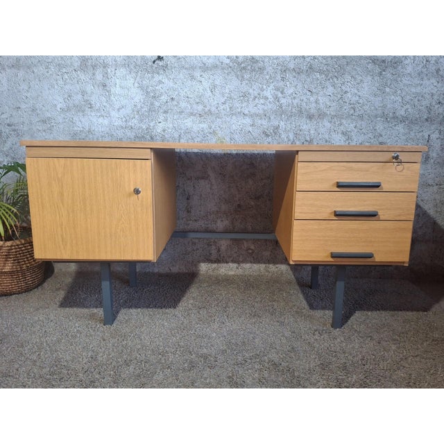 Wood Vintage Ministers Desk with Double Drawers, 1960s For Sale - Image 7 of 12