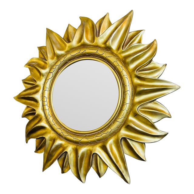 1970s Midcentury Modern Gold Sunburst Wall Mirror, Hollywood Regency-Style , 15" For Sale