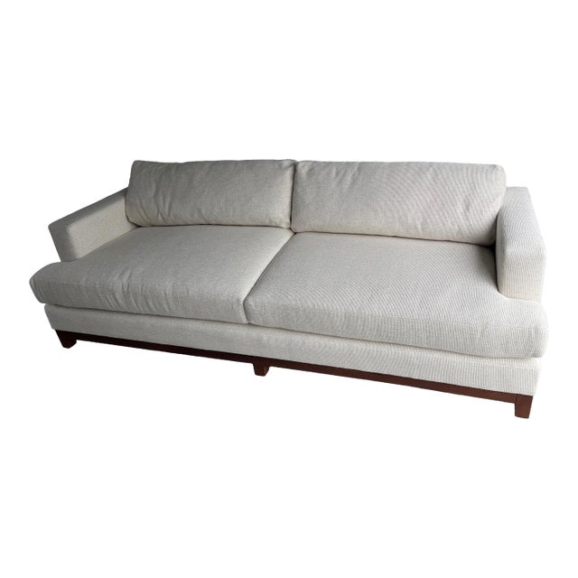 Lee Industries 8 Foot Two Cushion Sofa With Oak Base in White Woven Linen Blend Fabric For Sale