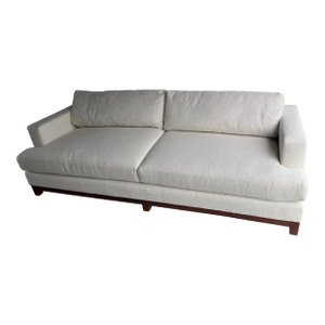 Lee Industries 8 Foot Two Cushion Sofa With Oak Base in White Woven Linen Blend Fabric