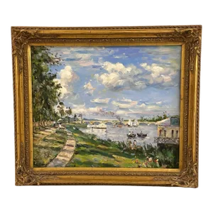 Mid 20th Century Impressionist Riverside Landscape Oil on Canvas - Signed, Framed