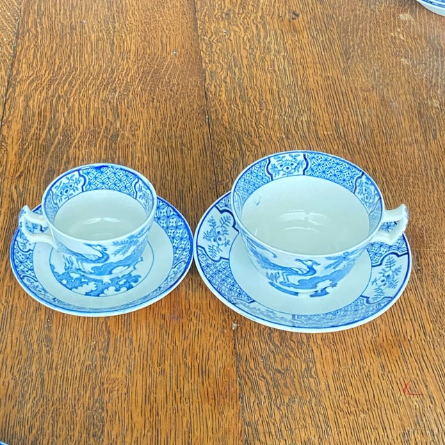 Antique Wood & Sons "Yuan" Pattern Blue and White Transferware Coffee & Tea Set - Mixed Demitasse and Teacup Lot of 9 For Sale - Image 11 of 16