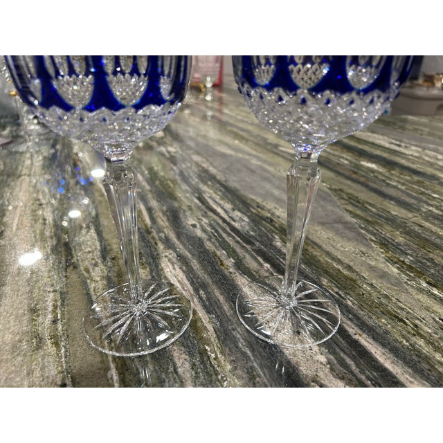 1980s Pair of Cobalt Blue and Clear Cut Crystal Godinger Edinburgh Hock Wine Glasses For Sale In Sacramento - Image 6 of 11